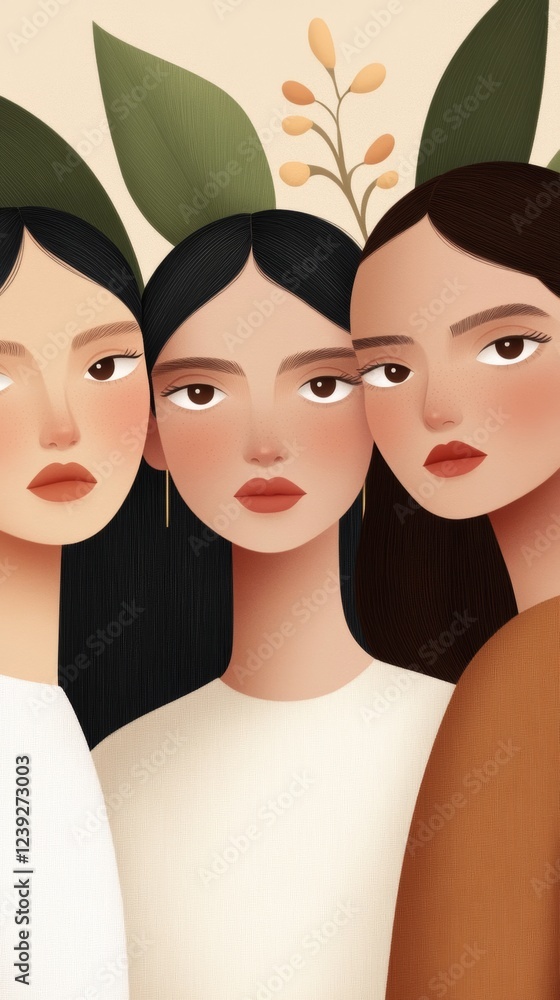 Diverse women showcasing unity and strength with natural elements in a creative design background for inspiration Diverse women showcasing unity and strength with natural elements in a creative design background for inspiration