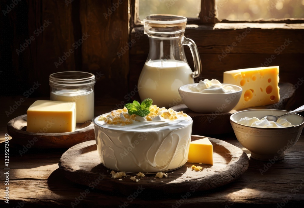 creamy textures milk products displayed rustic backdrop enhancing visual appeal dairy delight, butter, cheese, yogurt, rich, gourmet, organic, fresh, smooth creamy textures milk products displayed rustic backdrop enhancing visual appeal dairy delight, butter, cheese, yogurt, rich, gourmet, organic, fresh, smooth