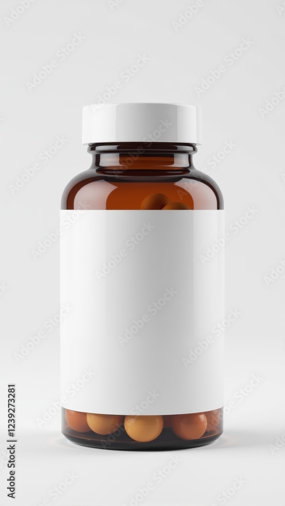 Brown glass bottle with white label filled with capsules in bright light Brown glass bottle with white label filled with capsules in bright light