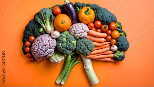 Variety of vegetables are arranged to form human brain.