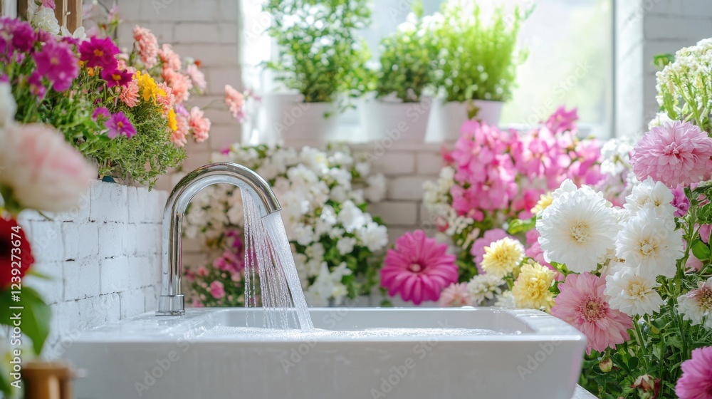 Fototapeta premium Close up water flows from the tap into a large white sink, pastel colors image without shadows and dark colors, flower shop , surrounded by an array of vibrant pastel-colored flowers.