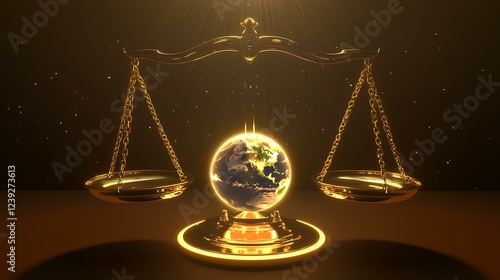 A finely crafted justice scale balancing a glowing Earth globe on one plate, surrounded by a subtle halo of light, symbolizing fairness and law photo