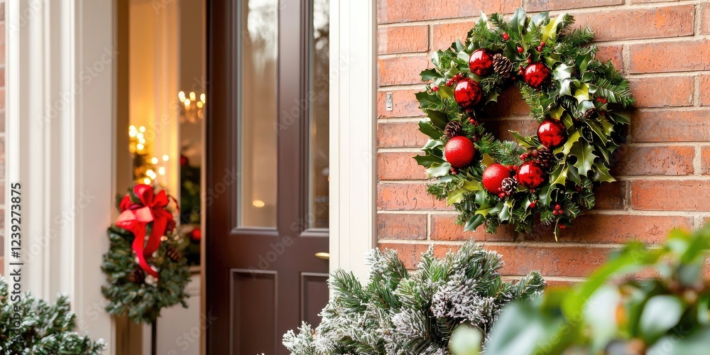 Fototapeta premium Beautifully Decorated Holiday Entrance with Christmas Wreath and Ornaments on Brick Wall for Festive Seasonal Atmosphere and Cheerful Vibes