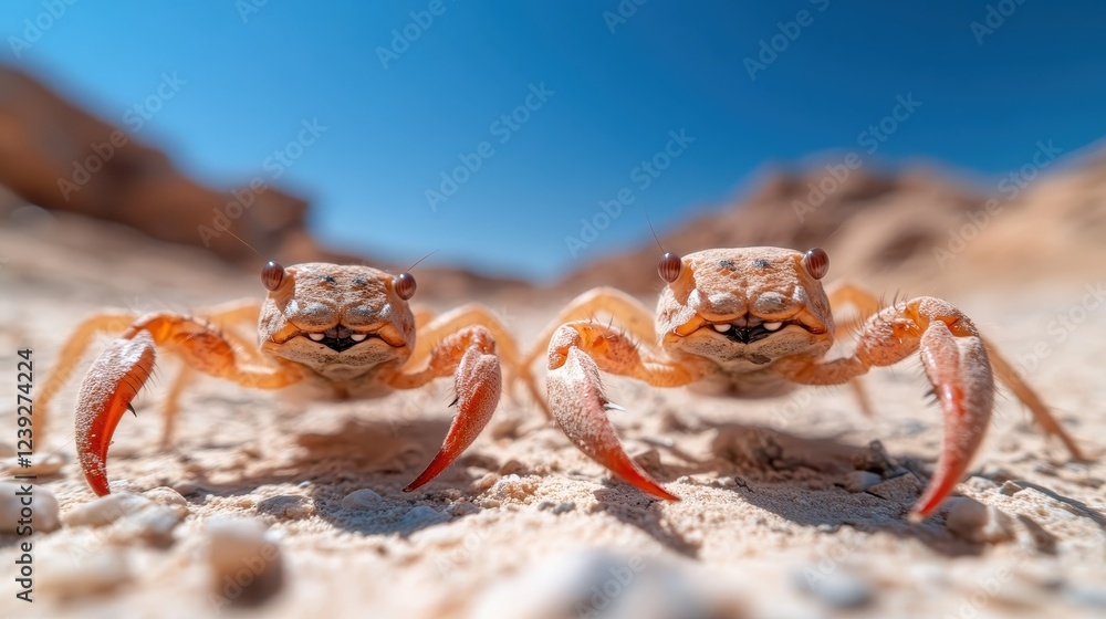In this close-up shot, two crabs are seen standing on a sandy surface, capturing the harsh beauty of a desert environment under a vivid blue sky. In this close-up shot, two crabs are seen standing on a sandy surface, capturing the harsh beauty of a desert environment under a vivid blue sky.