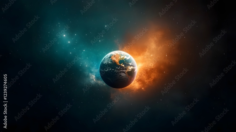 Naklejka premium Cosmic Dual Planets Colliding in Distant Galactic Horizon with Immersive Void and Dramatic Explosive Energy