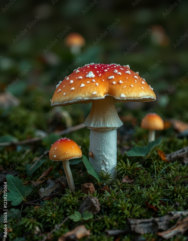Autumn woodland reveals vibrant fly agaric mushrooms nestled in moss Autumn woodland reveals vibrant fly agaric mushrooms nestled in moss