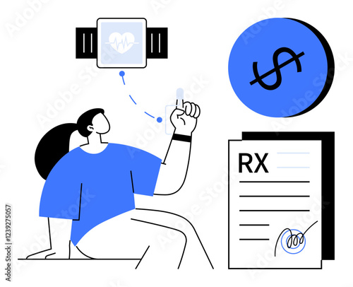 Person interacting with a smartwatch, prescription, and dollar sign. Themes Ideal for healthcare, technology, health monitoring, prescriptions, financial planning, medical expenses health