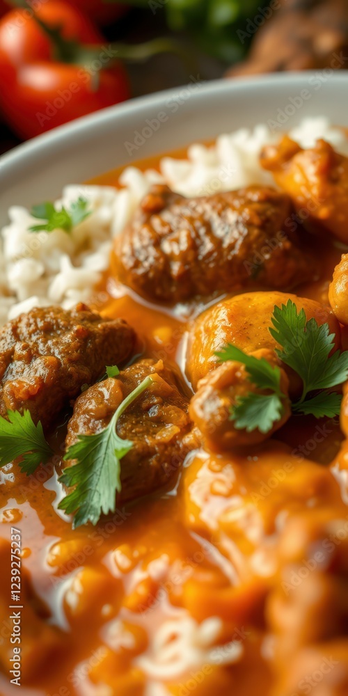Delicious meat curry served with rice and fresh herbs on a white plate Delicious meat curry served with rice and fresh herbs on a white plate