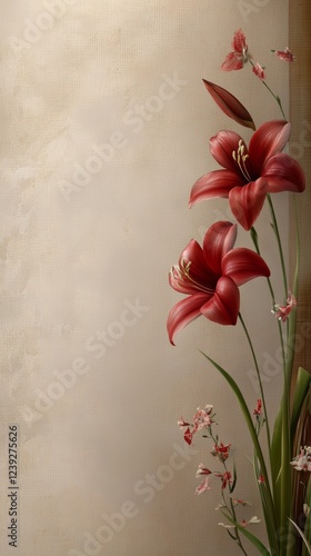 Floral chaos background featuring elegant red lilies and delicate pink flowers for women's design projects