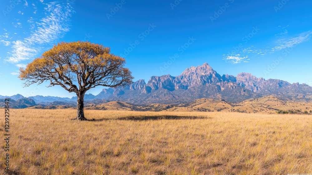 Lone tree in savanna, mountains backdrop, sunny day, nature landscape, travel photography Lone tree in savanna, mountains backdrop, sunny day, nature landscape, travel photography