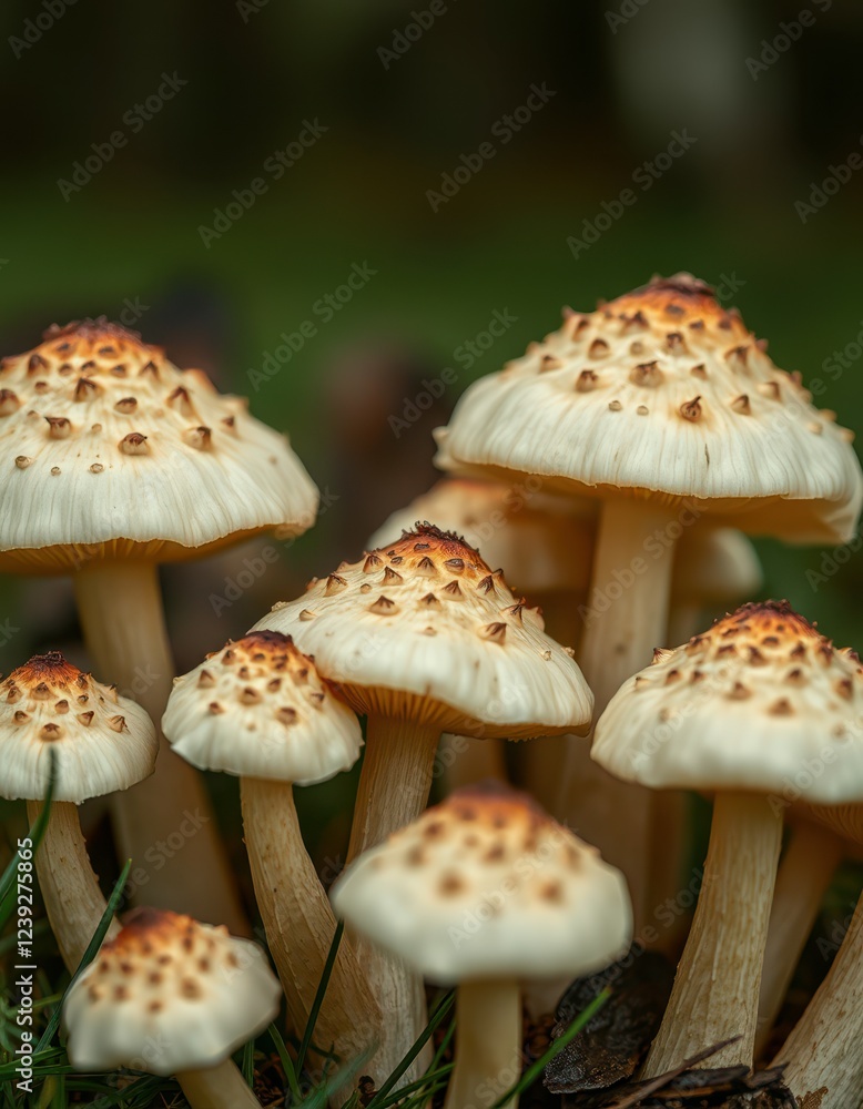 Obraz premium A cluster of small mushrooms with speckled caps grows in a forest