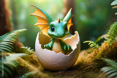 Süsser kleiner Drachen der gerade aus einem Ei schlüpft.