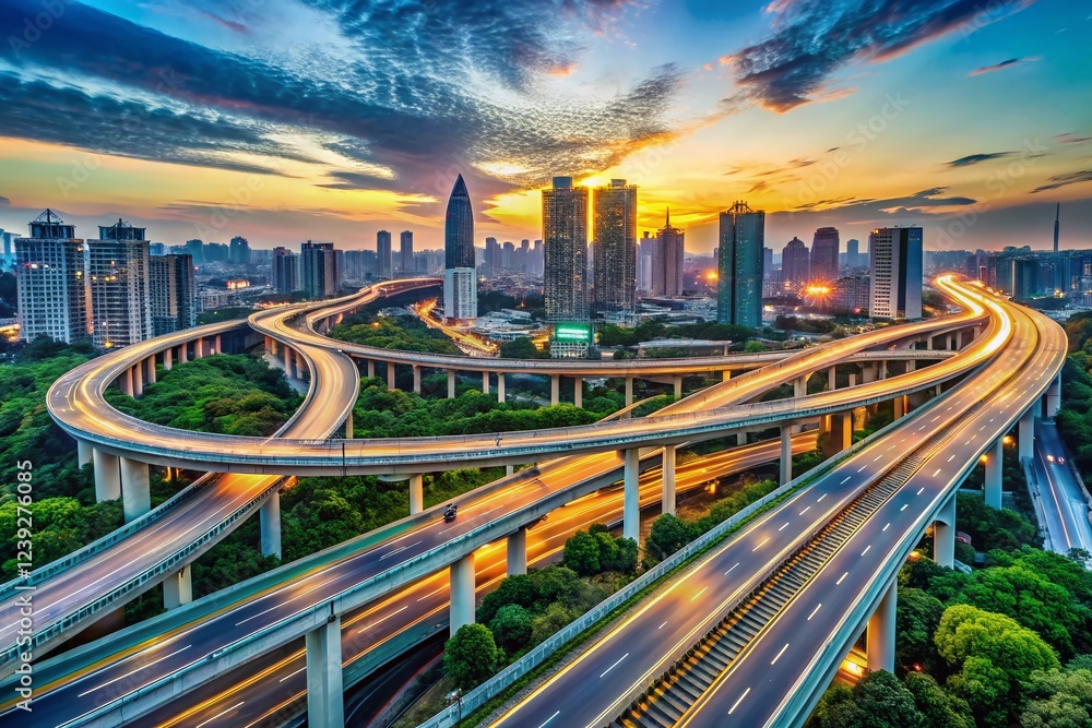 Fototapeta premium Urban Infrastructure: Elevated Highway Intersecting City Skyline