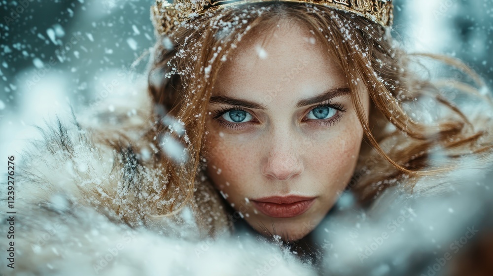 An elegant woman with radiant beauty poses in a snowy wonderland, her crown shimmering under the softly falling snowflakes, highlighting grace, nobility, and tranquility. An elegant woman with radiant beauty poses in a snowy wonderland, her crown shimmering under the softly falling snowflakes, highlighting grace, nobility, and tranquility.