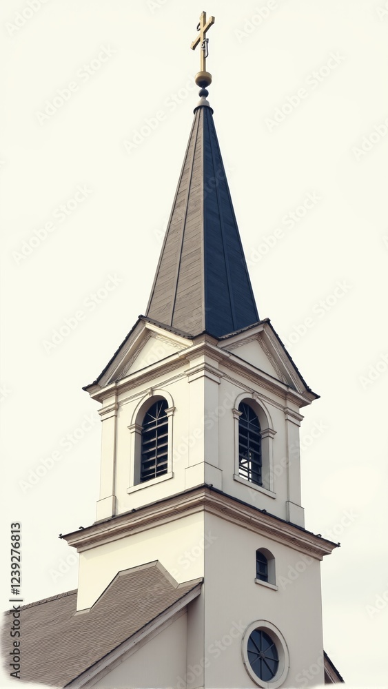 Fototapeta premium Historic church tower reaching towards a bright sky in a serene urban setting