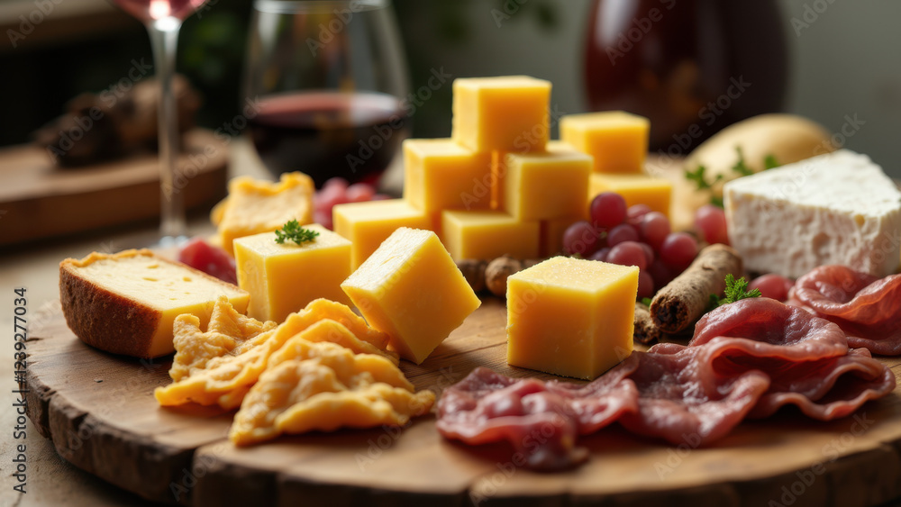 A variety of cheeses and cured meats arranged on a wooden board, accompanied by grapes and beef tallow. A variety of cheeses and cured meats arranged on a wooden board, accompanied by grapes and beef tallow.