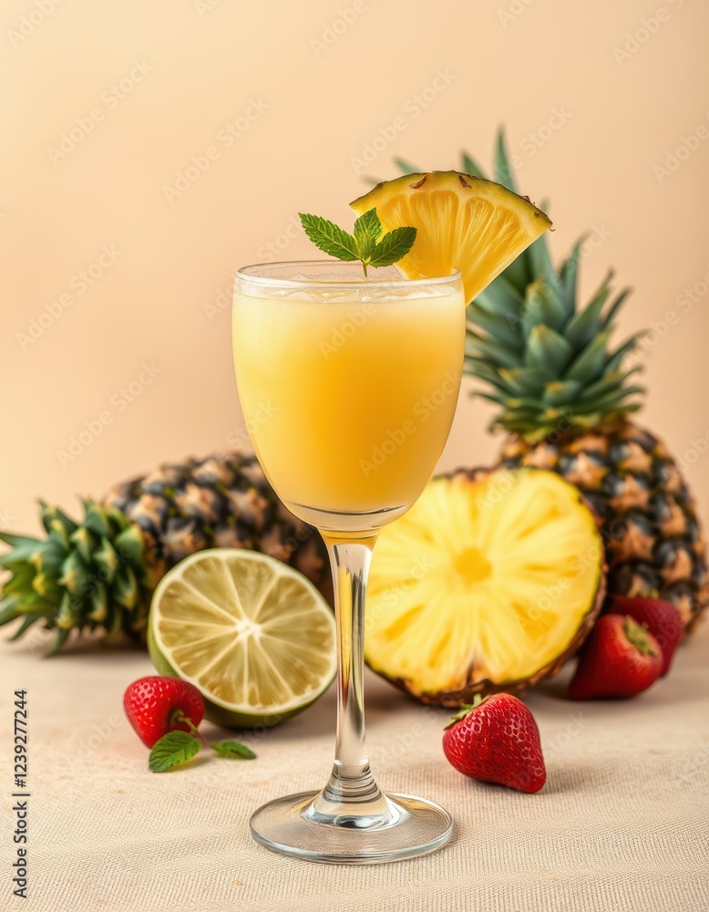 A refreshing pineapple juice with a lime wedge and mint garnish, served in a glass on a table with fresh pineapple, lime, and strawberries