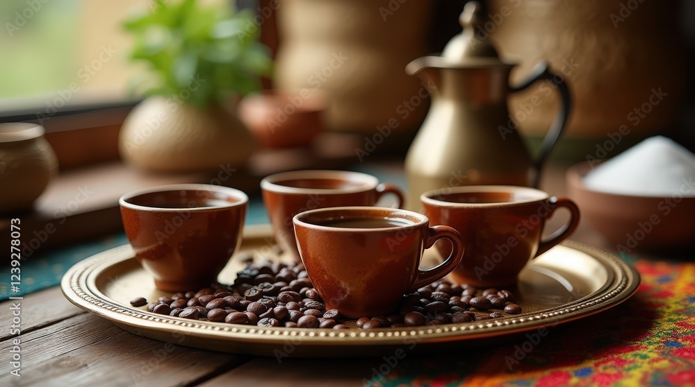 Fototapeta premium Traditional Ethiopian coffee setup with aromatic cups and rich flavors