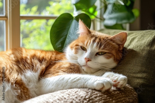 Orange and white cat lounging peacefully by the window with greenery in the background