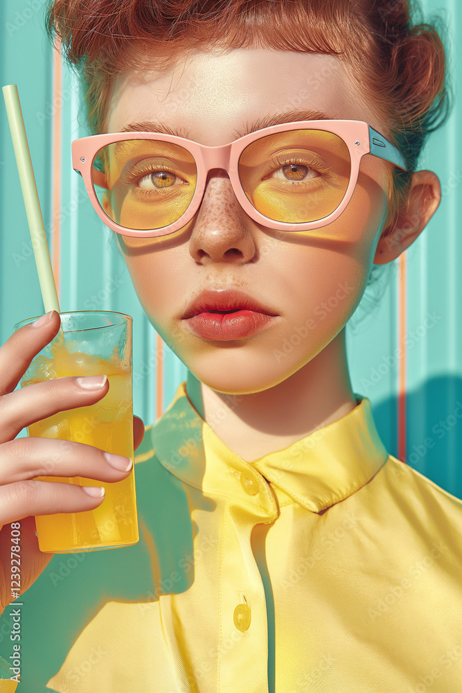 A stylish young woman in pink-tinted sunglasses holds a yellow citrus drink against a pastel-striped background. Vibrant fashion concept with a retro aesthetic. A stylish young woman in pink-tinted sunglasses holds a yellow citrus drink against a pastel-striped background. Vibrant fashion concept with a retro aesthetic.