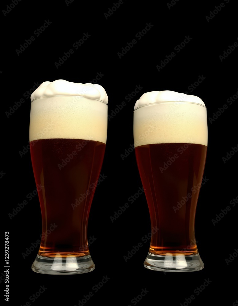 Two tall glasses filled with dark amber beer, each topped with a generous layer of creamy white foam, are displayed against a pure black backdrop Two tall glasses filled with dark amber beer, each topped with a generous layer of creamy white foam, are displayed against a pure black backdrop
