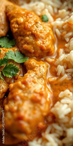 Delicious chicken curry served with white rice and fresh cilantro in a vibrant, inviting setting photo