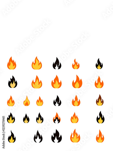 Set of simple small flames vector icons ans silhouettes bundle. Symbol of burning fire flame collection isolated on white background. photo