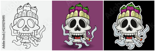 Eggplant Inside Skull Head With Smoking Character Cartoon. Black White, Colorful and Sticker Style.