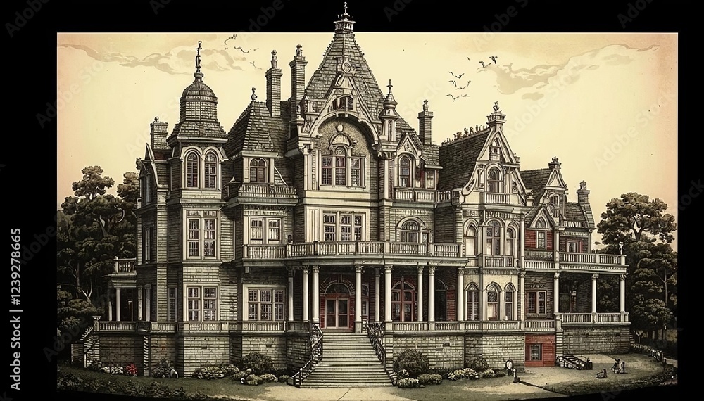 Fototapeta premium A detailed engraving of a Victorian mansion with ornate balconies, towering spires and arched windows. Its Gothic architecture exudes mystery, elegance and nostalgia. AI generated.