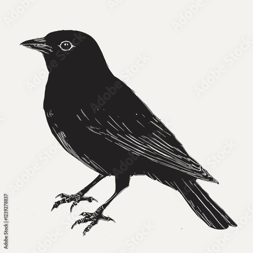 Vector lino cut print of a black thrush bird Blackbird Turdus merula icon isolated on white background. Vector illustration for nature design