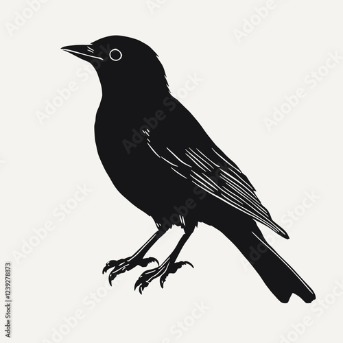 Vector lino cut print of a black thrush bird Blackbird Turdus merula icon isolated on white background. Vector illustration for nature design
