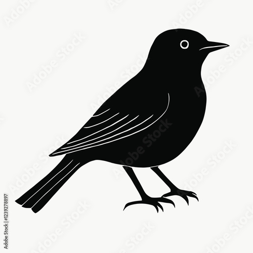 Vector lino cut print of a black thrush bird Blackbird Turdus merula icon isolated on white background. Vector illustration for nature design