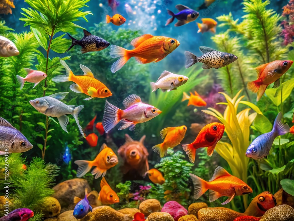 Naklejka premium Vibrant Aquarium Scene: Diverse Fish & Artificial Plants