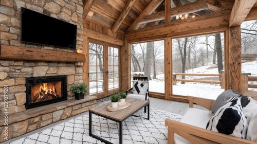 Cozy sunroom fireplace winter scene; relaxing furniture, snowy landscape view