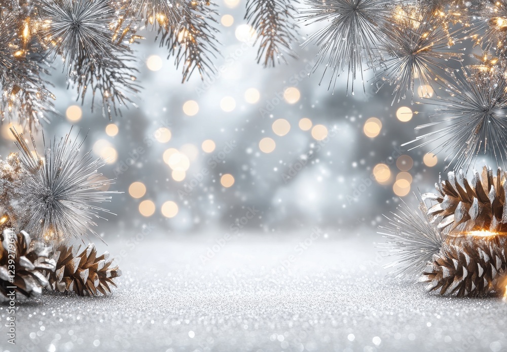Obraz premium Sparkling Winter Wonderland with Frosty Pine Cones and Shimmering Lights in a Snowy Background for Holiday Celebrations and Seasonal Decor