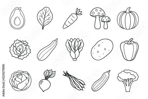 Set of hand drawn vegetables icons. Outline illustrations of various vegetables. Various types of vegetable line art vector illustration icon set isolated on white background.