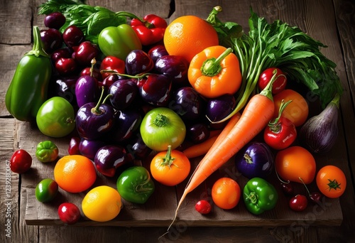 vibrant display fresh fruits vegetables arranged aesthetically wooden surface highlighting natural colors textures, artful, arrangements, artisan, aside, available photo