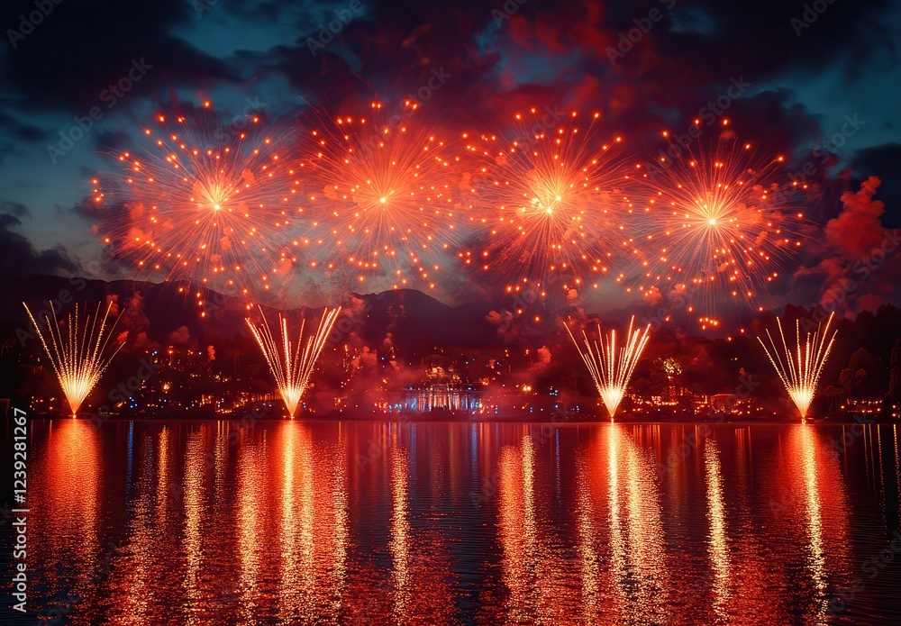 Spectacular Fireworks Display Over Calm Lake at Night with Reflections of Vibrant Colors and Dramatic Sky Spectacular Fireworks Display Over Calm Lake at Night with Reflections of Vibrant Colors and Dramatic Sky