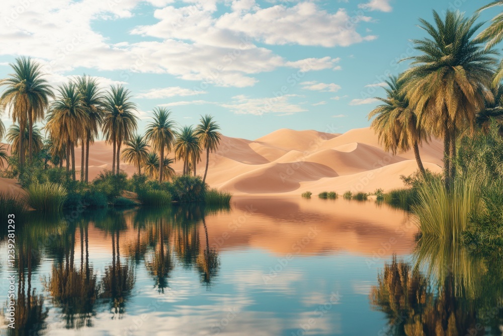 Tranquil Oasis in Desert Landscape with Still Water Tranquil Oasis in Desert Landscape with Still Water