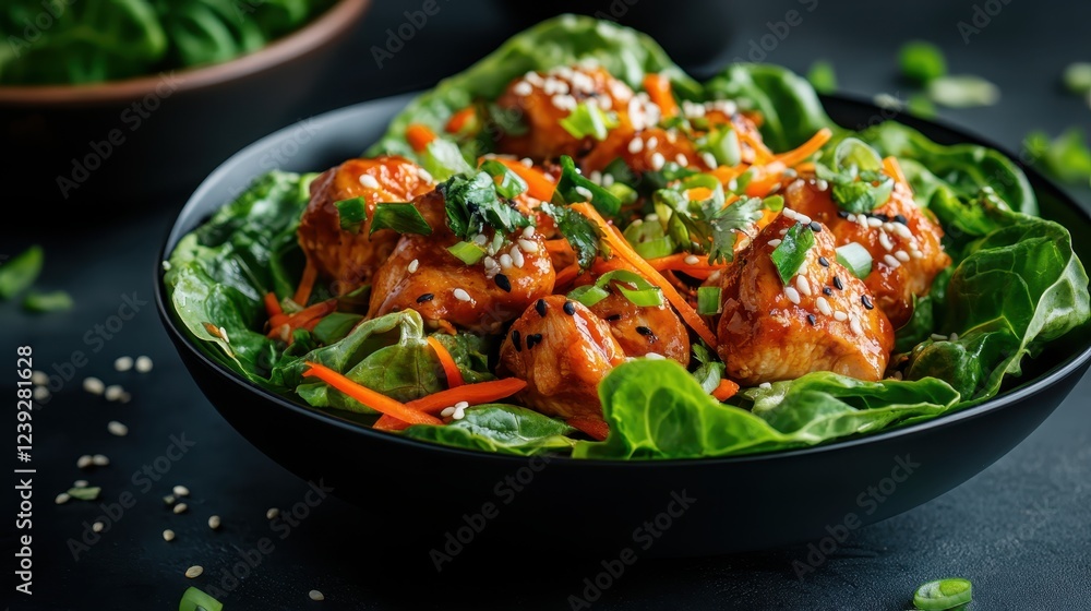 A vibrant and fresh salad bowl featuring savory chicken pieces garnished with vegetables, sesame seeds, and a bed of leafy greens for a healthy indulgence. A vibrant and fresh salad bowl featuring savory chicken pieces garnished with vegetables, sesame seeds, and a bed of leafy greens for a healthy indulgence.