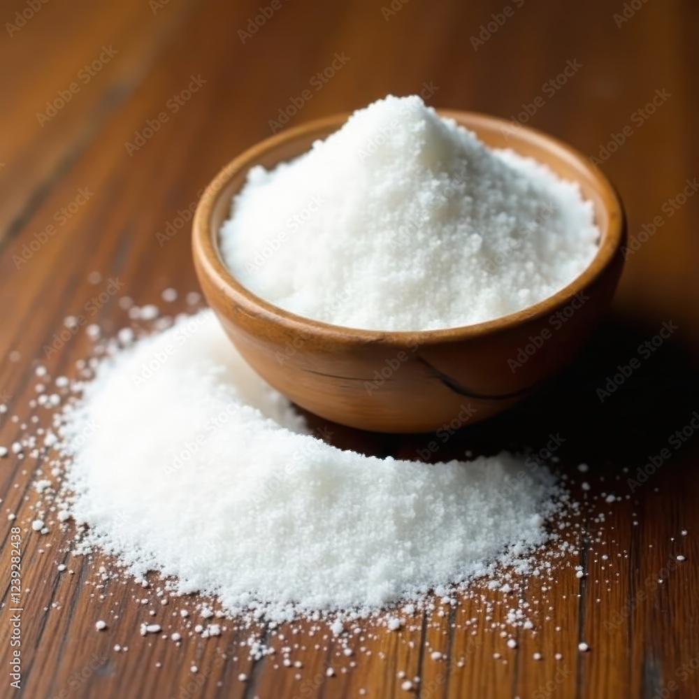 Sugar spilled from a worn wooden bowl on a wooden table, wooden bowl, home decor, wooden interior Sugar spilled from a worn wooden bowl on a wooden table, wooden bowl, home decor, wooden interior