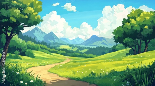 Serene Summer Path Through Rolling Green Hills And Mountains