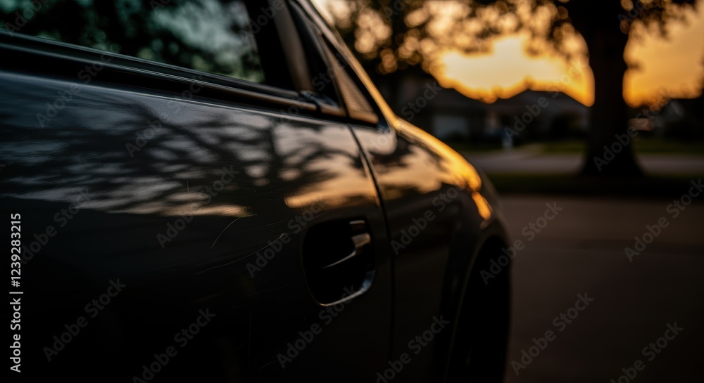 Sunset reflections on car surface with blurred background Sunset reflections on car surface with blurred background