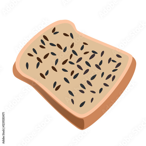 Brown hand-drawn vector illustration of rectangular piece of bread with seeds isolated on a white background
