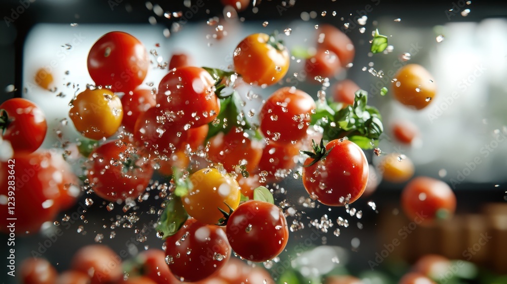 This vibrant image captures a dynamic splash of fresh cherry tomatoes and basil leaves, showcasing their lively colors and the refreshing nature of food photography. This vibrant image captures a dynamic splash of fresh cherry tomatoes and basil leaves, showcasing their lively colors and the refreshing nature of food photography.