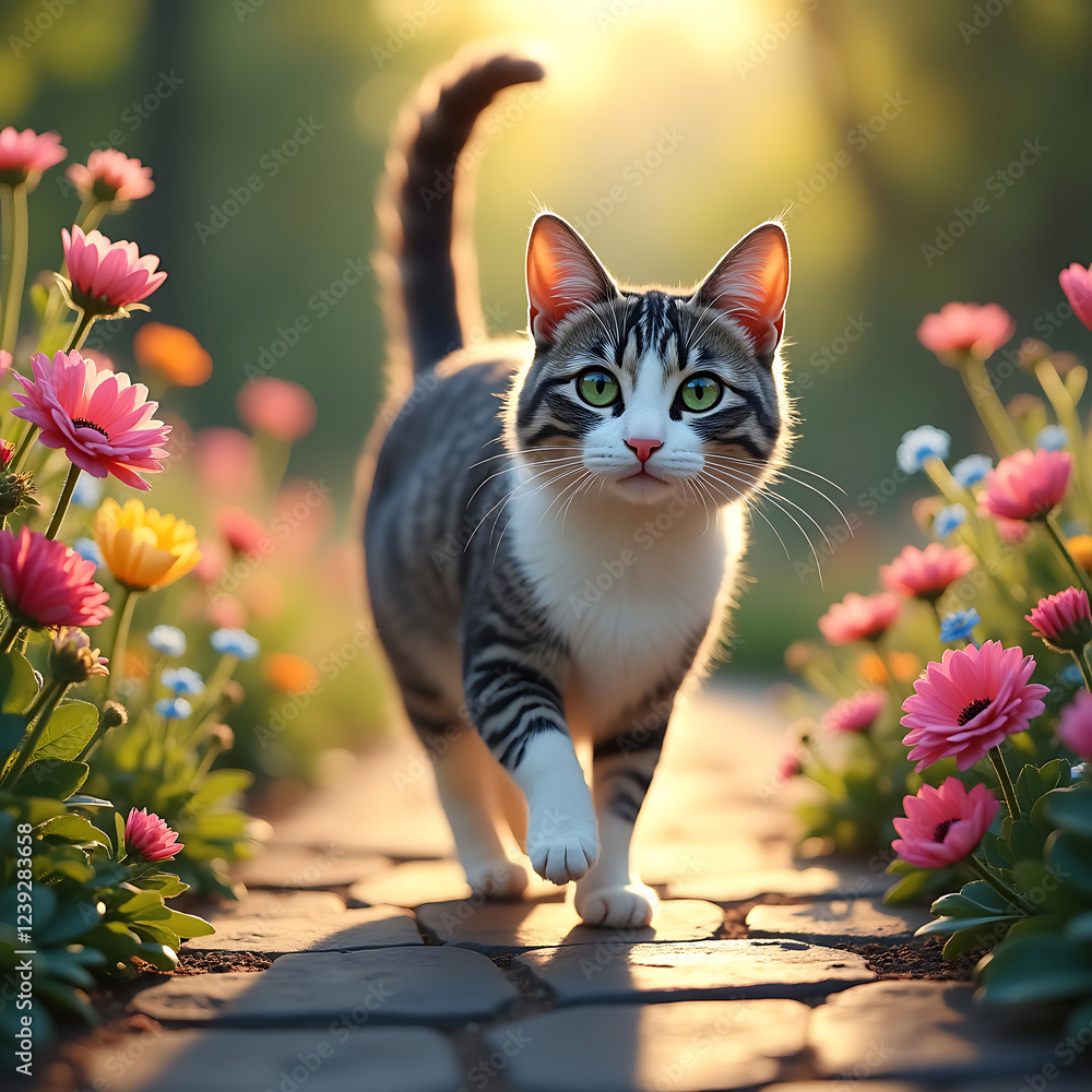 Obraz premium The Cat in a Garden. Grey-and-White Feline with Bright Green Eyes Walking on a Stone Path Amid Vibrant Flowers, Bathed in Golden Evening Light with a Curious Look
