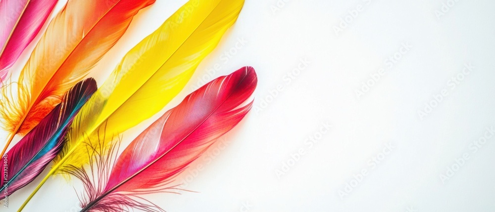 Vibrant colored feathers arranged on a white background. A pop of color and texture. Vibrant colored feathers arranged on a white background. A pop of color and texture.