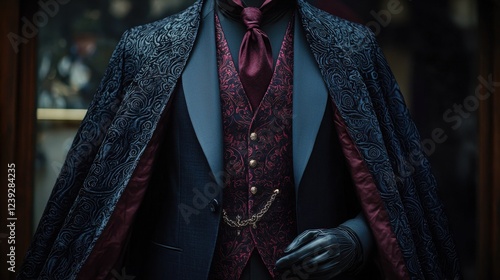 A man in a dark, richly patterned suit and cape.  The intricate details of the vest and coat are highlighted, creating a sophisticated and mysterious vibe. photo