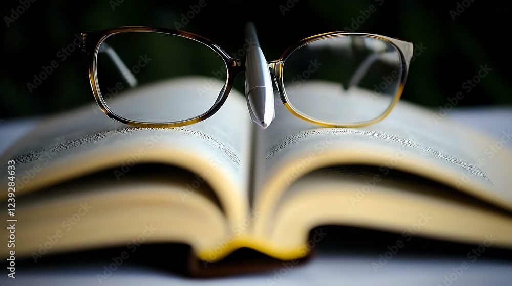 A minimalist scene with an open law book on a clean surface, glasses tilted slightly and a silver pen crossing the page horizontally A minimalist scene with an open law book on a clean surface, glasses tilted slightly and a silver pen crossing the page horizontally