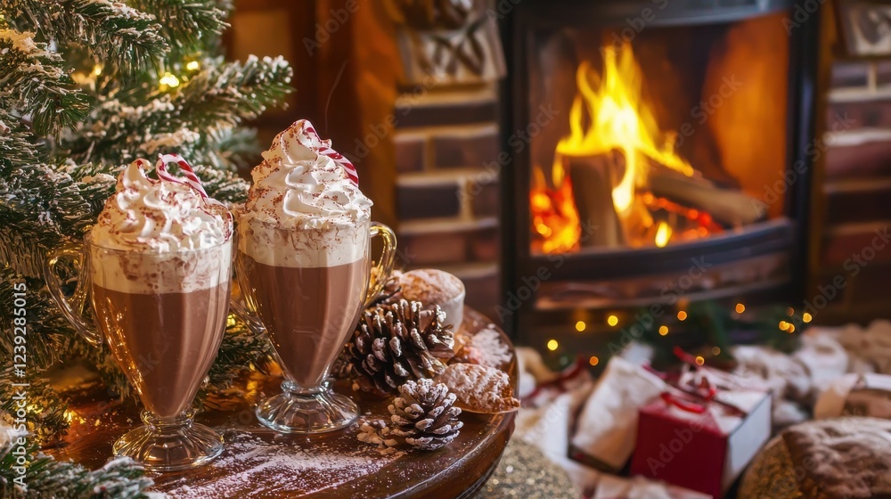 Fototapeta premium Two mugs of rich hot chocolate topped with whipped cream and candy canes sit on a table next to a warm fireplace. Cozy winter vibes!
